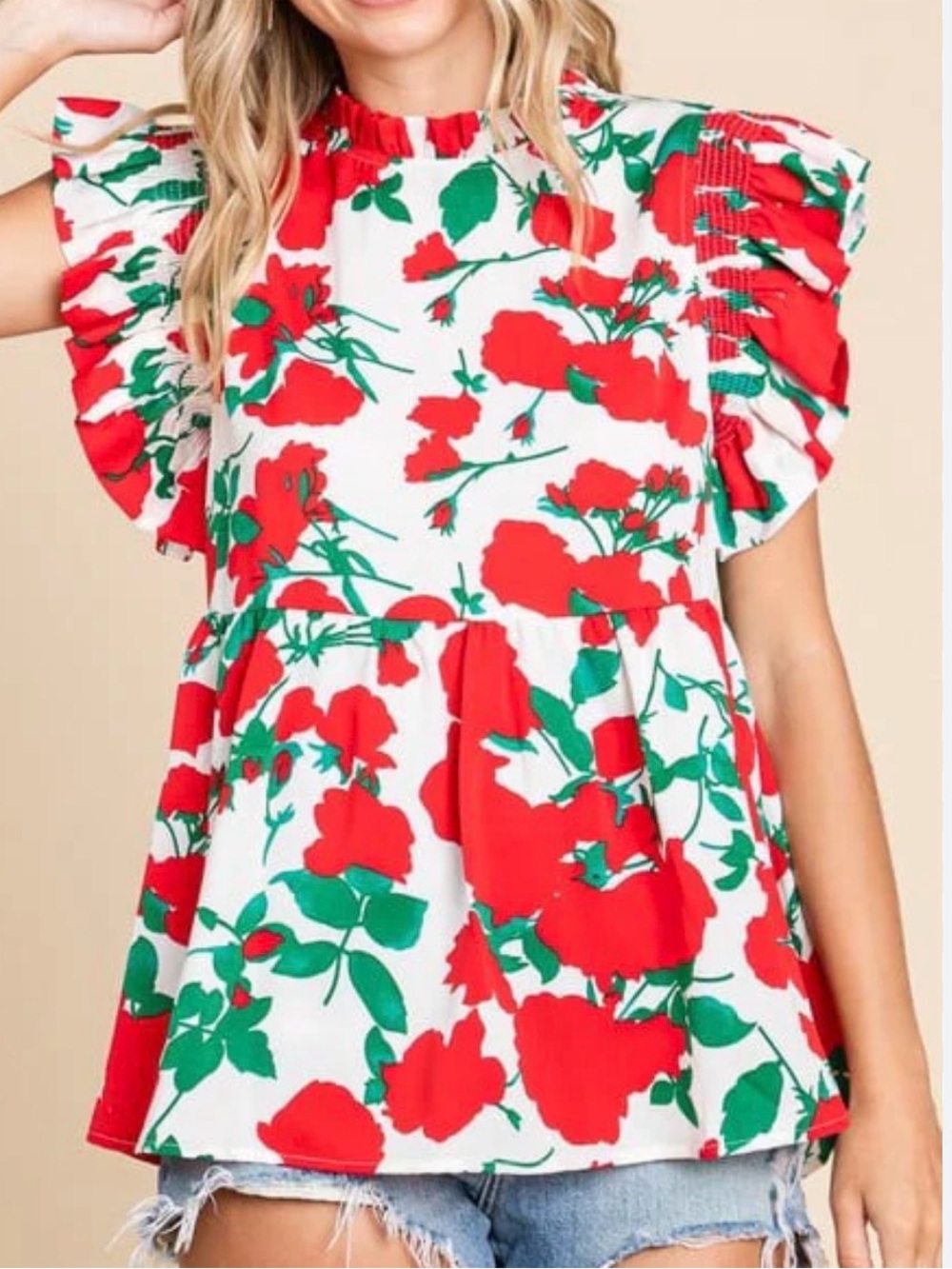 JODIFL Red and Green Floral Ruffle Sleeve Peplum Top